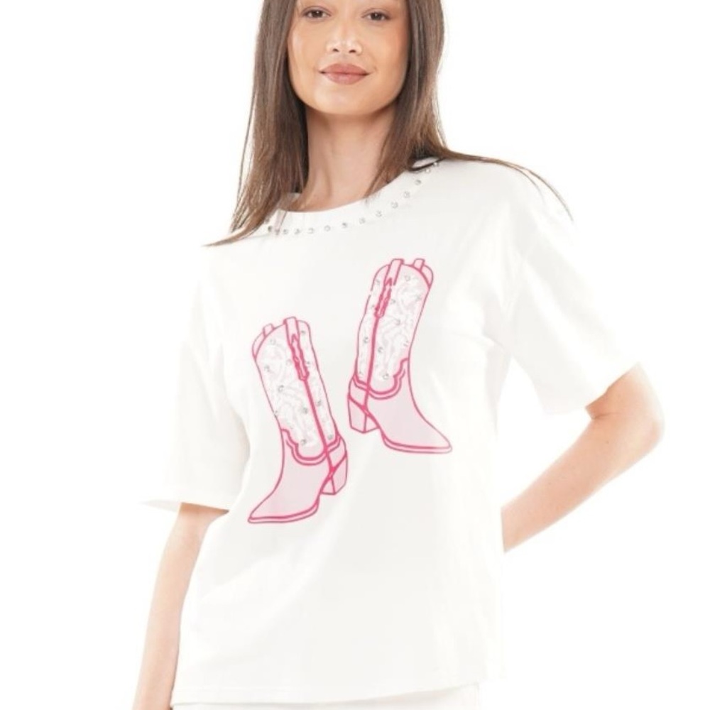 Embellished White Tee with Pink Boot Graphic